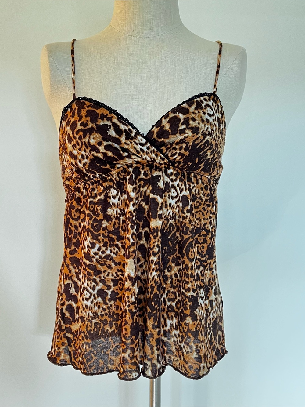 Y2K Leopard Print Spaghetti Strap Babydoll Flowy Top with black lace trim I